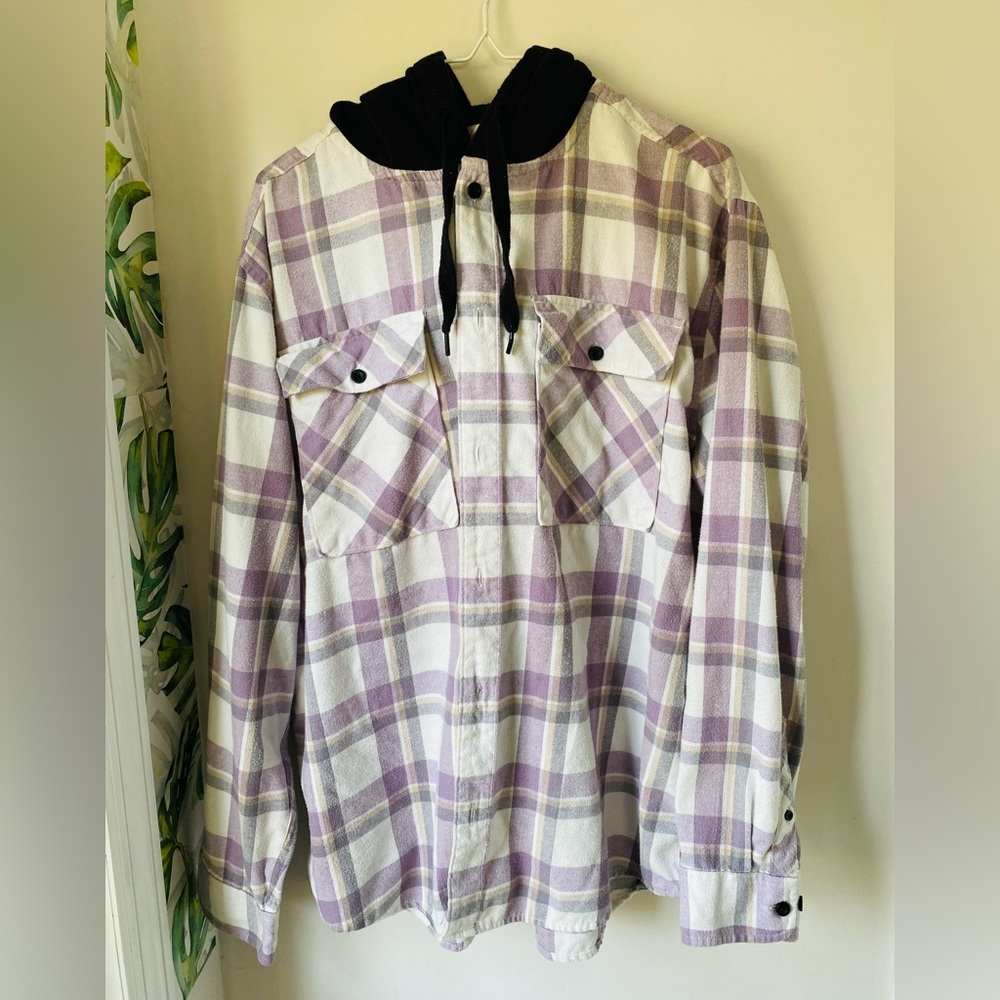 ✨No Boundaries Men’s Purple White Gray Plaid Print Hooded Flannel Shacket | L✨